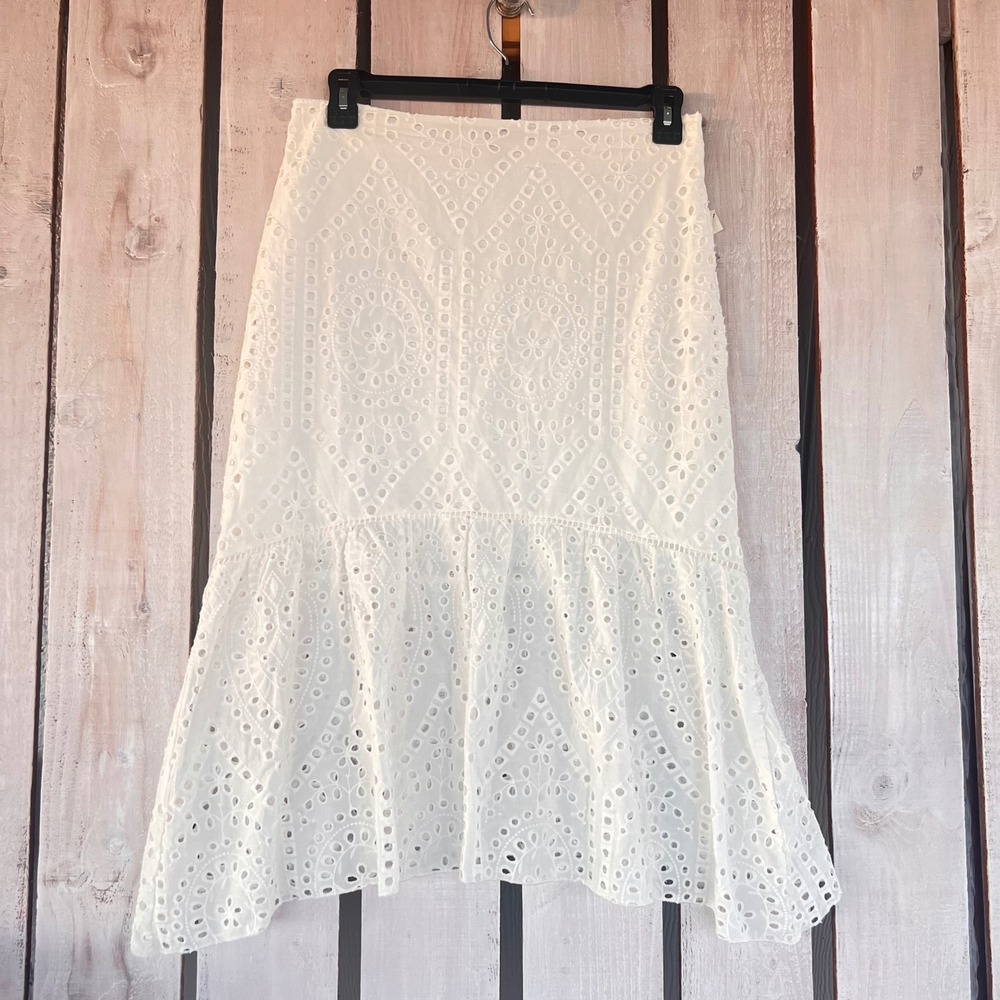 Kirious Los Angeles Eyelet Ruffle Skirt Womens XL White New Boho Embroidered